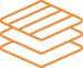 Icône géométrique orange de blocs superposés ou couches, évoquant des données, un réseau ou une architecture moderne sur fond noir.