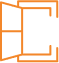 Logo orange stylisé du monogramme DC sur fond noir. Design angulaire et moderne.
