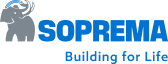 Logo SOPREMA bleu avec un éléphant gris. Le slogan «Building for Life» est inscrit en dessous.